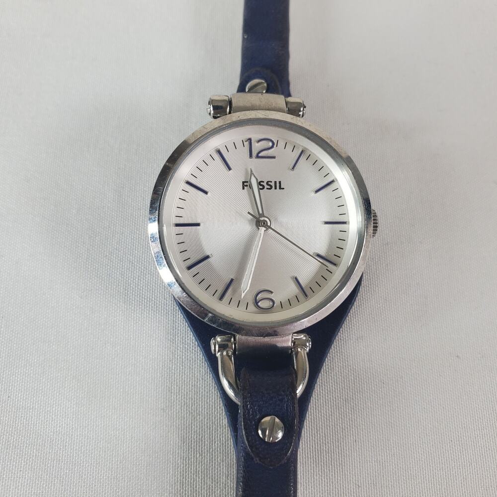 Fossil Georgia ES3318 Silver-Tone Blue Leather Strap Analog Wristwatch 30M Women